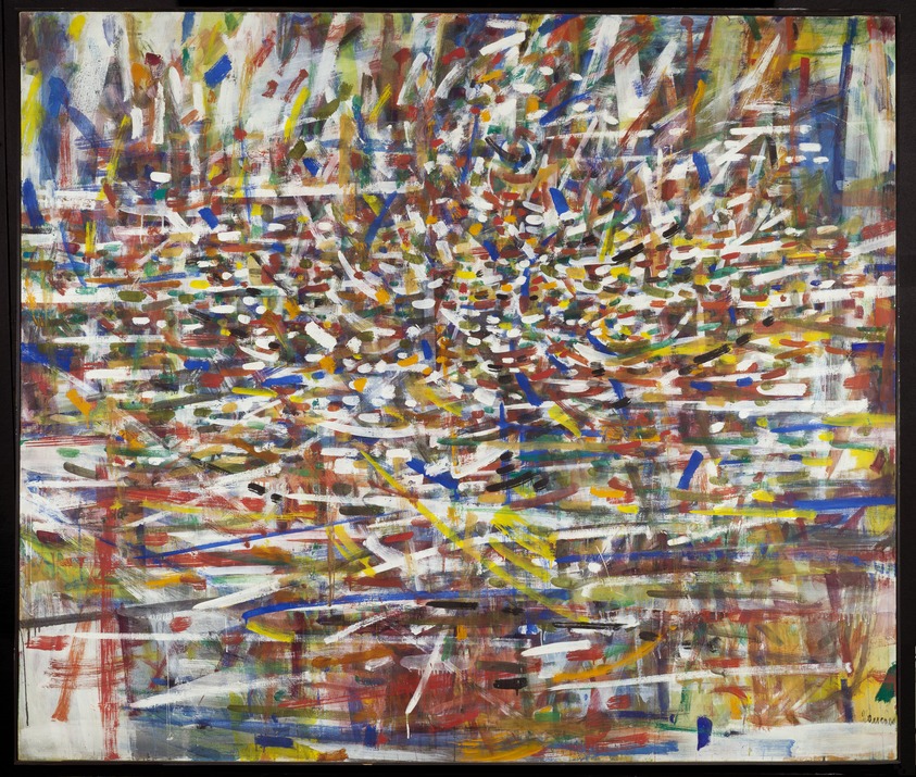 Tancredi Parmeggiani (Italian, 1927-1964). <em>Spazio, Acqua, Natura, Spettacole</em>, 1958. Oil on canvas, 67 1/2 × 79 7/16 × 1 1/4 in. (171.5 × 201.8 × 3.2 cm). Brooklyn Museum, Gift of Peggy Guggenheim, 60.4. © artist or artist's estate (Photo: Brooklyn Museum, 60.4_PS2.jpg)