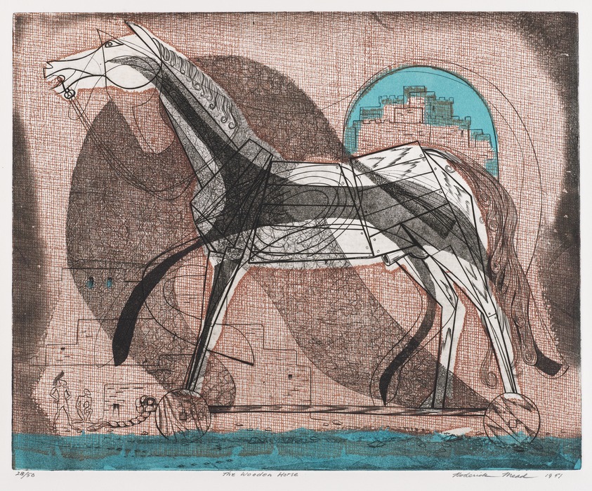 Roderick Mead (American, 1900-1971). <em>The Wooden Horse</em>, 1951. Engraving with soft ground etching and color offset from assemblage, stencil, on paper, image: 9 3/8 x 11 5/8 in. (23.8 x 29.5 cm). Brooklyn Museum, Gift of Mrs. Roderick Mead, 61.238.1. © artist or artist's estate (Photo: Brooklyn Museum, 61.238.1_PS4.jpg)