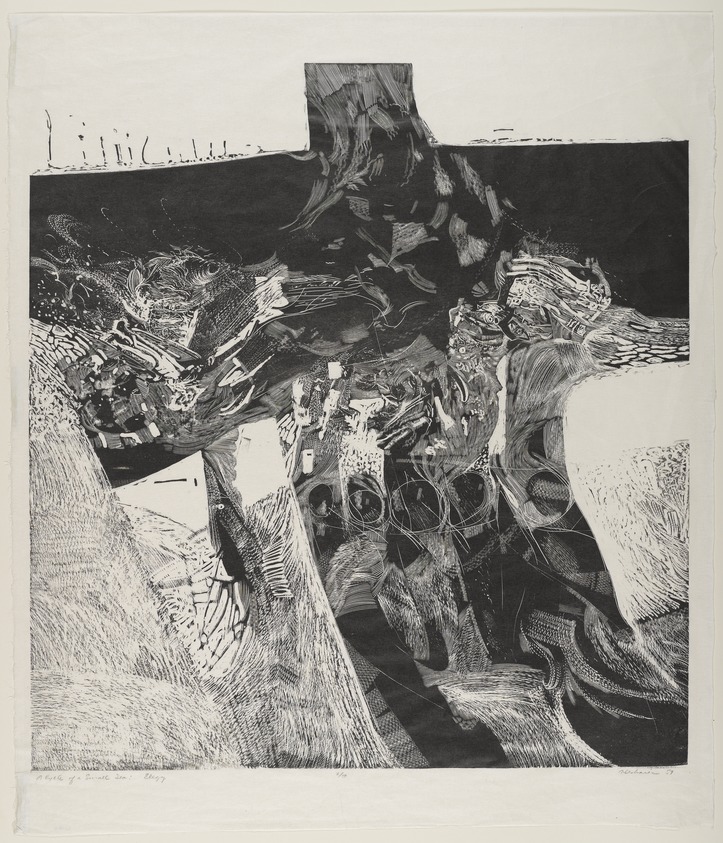 Arthur Deshaies (American, 1920-2011). <em>Cycle of a Small Sea: Elegy</em>, 1959. Lucite engraving on laid Japan paper, sheet: 28 x 24 1/4 in. (71.1 x 61.6 cm). Brooklyn Museum, Gift of the artist, 62.19.2. © artist or artist's estate (Photo: Brooklyn Museum, 62.19.2_PS4.jpg)