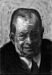 Moses Soyer (American, born Russia, 1899-1974). <em>Portrait of Joseph Stella</em>, 1944. Oil on canvas, 17 x 13 3/4 in. (43.2 x 34.9 cm). Brooklyn Museum, Gift of the artist, 62.51.1. © artist or artist's estate (Photo: Brooklyn Museum, 62.51.1_acetate_bw.jpg)