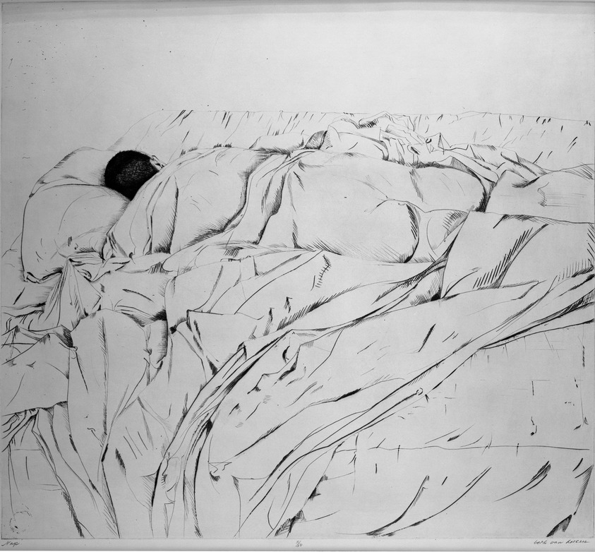 Beth van Hoesen (American, born 1926). <em>Nap</em>, 1961. Drypoint on paper, 17 1/2 x 19 1/4 in. (44.5 x 48.9 cm). Brooklyn Museum, Dick S. Ramsay Fund, 62.88.1. © artist or artist's estate (Photo: Brooklyn Museum, 62.88.1_acetate_bw.jpg)