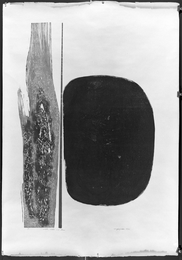 Tetsuo Yamada (Japanese). <em>Wood, Water and Stone</em>, 1961. Woodblock print on paper, 54 x 38 in. (137.2 x 96.5 cm). Brooklyn Museum, Carll H. de Silver Fund, 63.117.1. © artist or artist's estate (Photo: Brooklyn Museum, 63.117.1_acetate_bw.jpg)