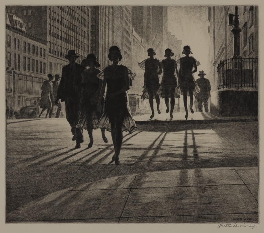 Martin Lewis (American, born Australia, 1881–1962). <em>Shadow Dance</em>, 1930. Drypoint, sandpaper ground on paper, sheet:12 11/16 x 14 15/16 in. Brooklyn Museum, Gift of Mrs. Dudley Nichols in memory of her husband, 63.204.5. © artist or artist's estate (Photo: Brooklyn Museum, 63.204.5_PS20.jpg)