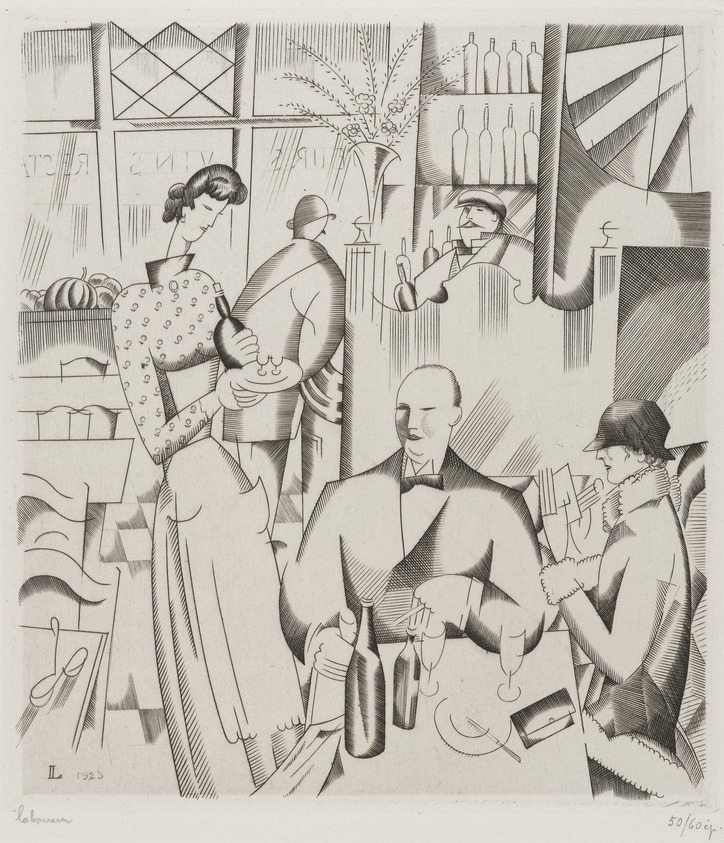 Jean Emile Laboureur (French, 1887–1947). <em>Dinner at the Bisto (Le diner chez le bistrot)</em>, 1923. Engraving on wove paper, 6 5/16 x 5 5/8 in. (16 x 14.3 cm). Brooklyn Museum, Gift of The Louis E. Stern Foundation, Inc., 64.101.242. © artist or artist's estate (Photo: Brooklyn Museum, 64.101.242_PS4.jpg)