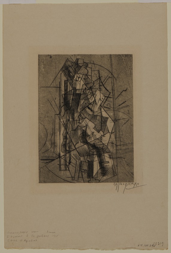 Pablo Picasso (Spanish, 1881-1973). <em>The Guitarist</em>, 1915. Engraving and aquatint on cream wove paper, sheet: 11 1/8 × 7 7/16 in. (28.3 × 18.9 cm). Brooklyn Museum, Gift of The Louis E. Stern Foundation, Inc., 64.101.295. © artist or artist's estate (Photo: Brooklyn Museum, 64.101.295_PS20.jpg)