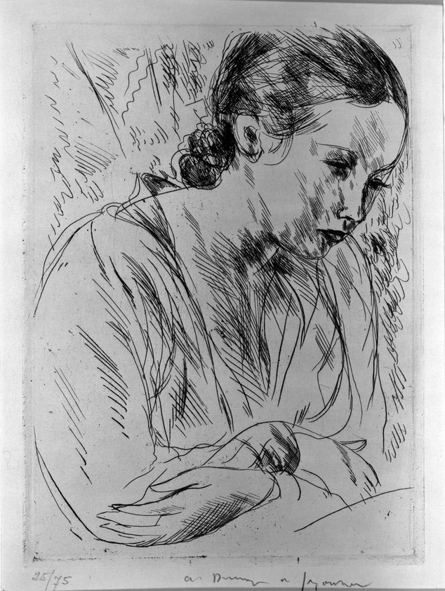 André Dunoyer de Segonzac (French, 1884-1974). <em>Fernande with Hands Crossed</em>, 1923. Etching on wove paper, 7 1/16 x 5 1/8 in. (18 x 13 cm). Brooklyn Museum, Gift of The Louis E. Stern Foundation, Inc., 64.101.305. © artist or artist's estate (Photo: Brooklyn Museum, 64.101.305_acetate_bw.jpg)