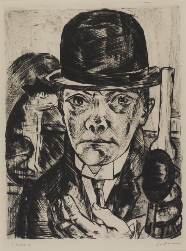 Max Beckmann (Leipzig, Germany, 1884–1950, New York, New York). <em>Self-Portrait in Bowler Hat (Selbstbildnis mit steifem Hut)</em>, 1921. Drypoint on laid paper, Image (Plate): 12 1/2 x 9 7/16 in. (31.8 x 24 cm). Brooklyn Museum, Gift of The Louis E. Stern Foundation, Inc., 64.101.350. © artist or artist's estate (Photo: , 64.101.350_PS9.jpg)