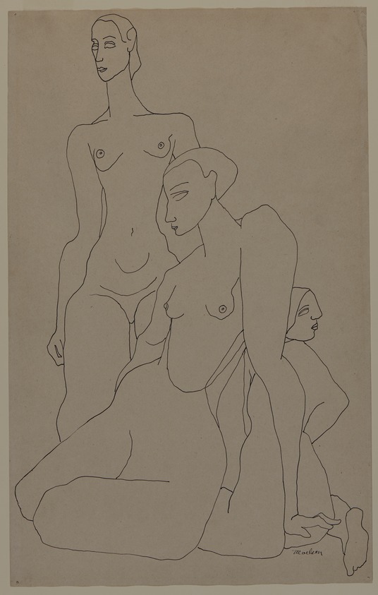 Louise Nevelson (American, born Ukraine, 1899-1988). <em>Three Female Figures</em>, n.d. Ink on paper, sheet: 17 3/8 x 11 in. (44.1 x 27.9 cm). Brooklyn Museum, Gift of Louise Nevelson, 65.22.44. © artist or artist's estate (Photo: Brooklyn Museum, 65.22.44_PS20.jpg)