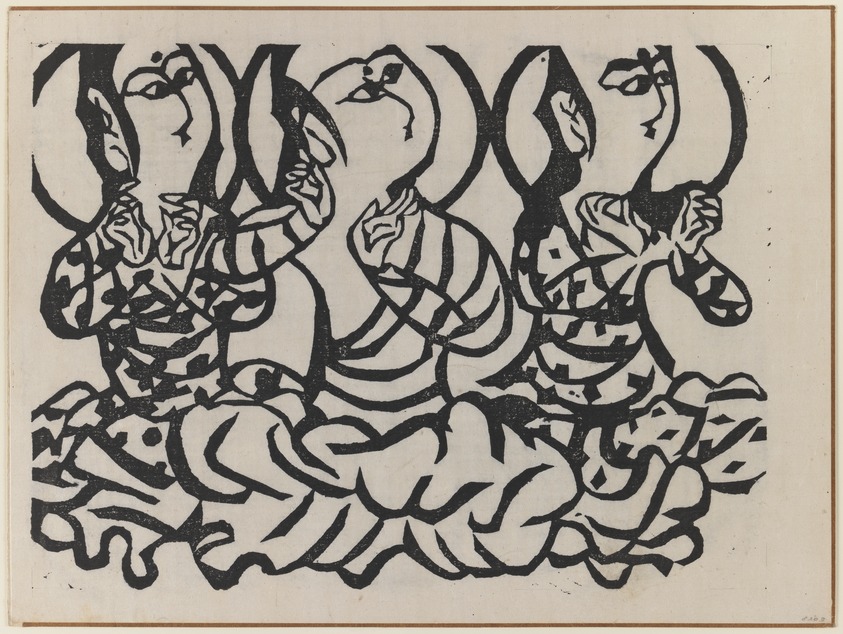 Munakata Shiko (Japanese, 1903-1975). <em>Three Buddhas</em>, 1940. Woodblock print on paper, sheet: 11 1/8 x 14 7/8 in. (28.3 x 37.8 cm). Brooklyn Museum, A. Augustus Healy Fund, 65.28.1. © artist or artist's estate (Photo: Brooklyn Museum, 65.28.1_IMLS_PS3.jpg)