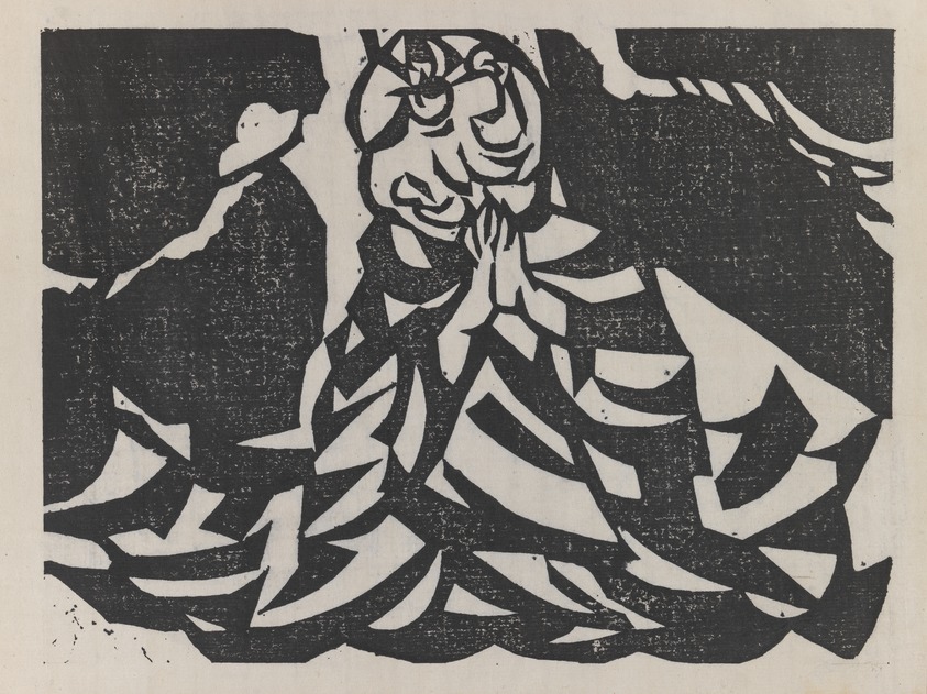Munakata Shiko (Japanese, 1903-1975). <em>Praying Figure</em>, 1940. Woodblock print on paper, sheet: 11 1/8 x 14 7/8 in. (28.3 x 37.8 cm). Brooklyn Museum, A. Augustus Healy Fund, 65.28.2. © artist or artist's estate (Photo: Brooklyn Museum, 65.28.2_IMLS_PS3.jpg)
