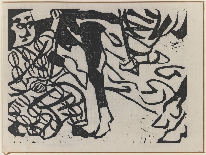Munakata Shiko (Japanese, 1903-1975). <em>Figure and Scroll</em>, 1940. Woodblock print on paper, sheet: 11 1/8 x 14 7/8 in. (28.3 x 37.8 cm). Brooklyn Museum, A. Augustus Healy Fund, 65.28.3. © artist or artist's estate (Photo: Brooklyn Museum, 65.28.3_IMLS_PS3.jpg)