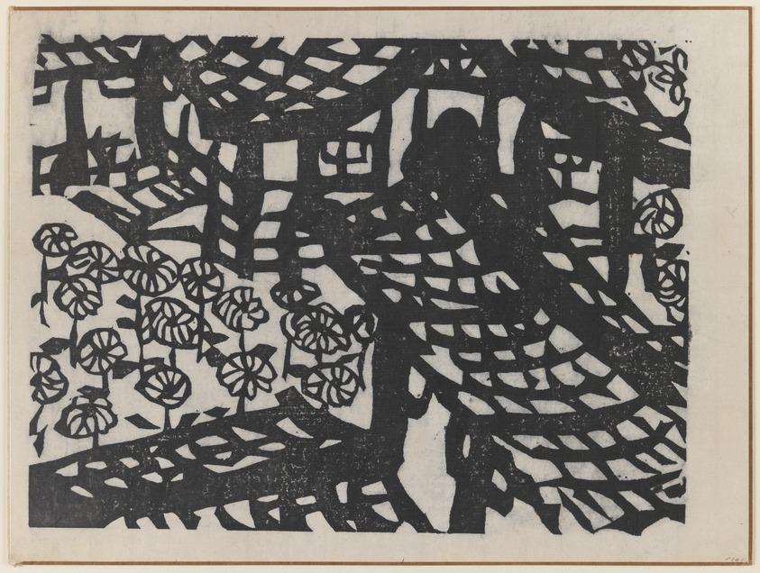 Munakata Shiko (Japanese, 1903-1975). <em>Flowers and Building</em>, 1940. Woodblock print on paper, sheet: 11 1/8 x 14 7/8 in. (28.3 x 37.8 cm). Brooklyn Museum, A. Augustus Healy Fund, 65.28.5. © artist or artist's estate (Photo: Brooklyn Museum, 65.28.5_IMLS_PS3.jpg)