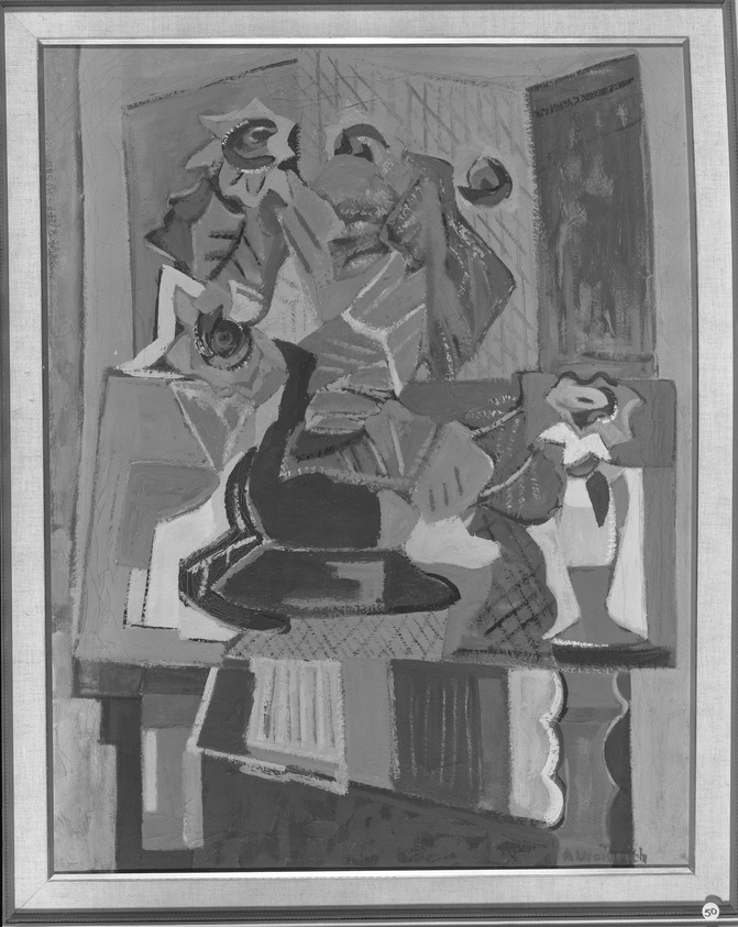 Agnes Weinrich (American, 1873-1946). <em>Still Life</em>, n.d. Oil on canvas, 42 1/2 x 35 in. (108 x 88.9 cm). Brooklyn Museum, Gift of Raymond L. Myrer, 66.123. © artist or artist's estate (Photo: Brooklyn Museum, 66.123_acetate_bw.jpg)