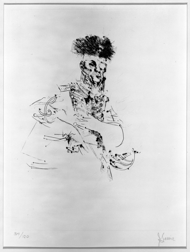 Jack Levine (American, 1915-2010). <em>Homage to Watteau</em>, 20th century. Lithograph in color on wove Arches paper, Sheet: 19 3/4 x 26 in. (50.2 x 66 cm). Brooklyn Museum, Dick S. Ramsay Fund, 66.205.2. © artist or artist's estate (Photo: Brooklyn Museum, 66.205.2_acetate_bw.jpg)