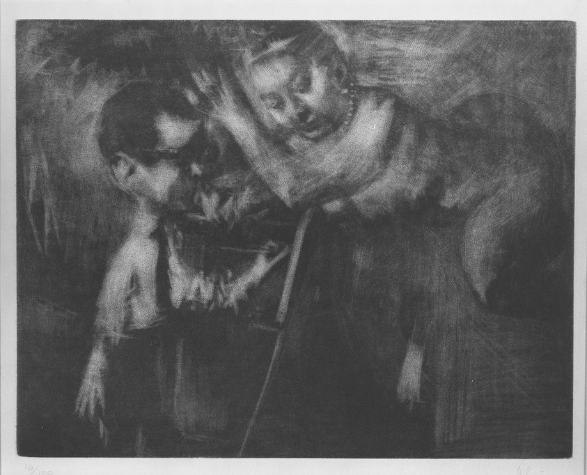 Jack Levine (American, 1915-2010). <em>Artist and the Muse</em>. Etching and aquatint on wove paper, Plate: 9 3/4 x 12 1/2 in. (24.8 x 31.8 cm). Brooklyn Museum, Dick S. Ramsay Fund, 66.206. © artist or artist's estate (Photo: Brooklyn Museum, 66.206_acetate_bw.jpg)