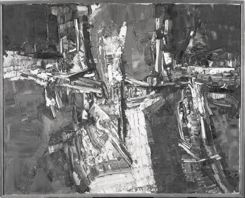 Jean-Paul Riopelle (Canadian, 1923–2002). <em>Nuit des Dieux (thickly painted abstract)</em>, 1957. Oil on Canvas, 30 × 37 in. (76.2 × 94 cm). Brooklyn Museum, Gift of Mr. and Mrs. Arthur Wiesenberger, 67.204.1. © artist or artist's estate (Photo: Brooklyn Museum, 67.204.1_bw.jpg)