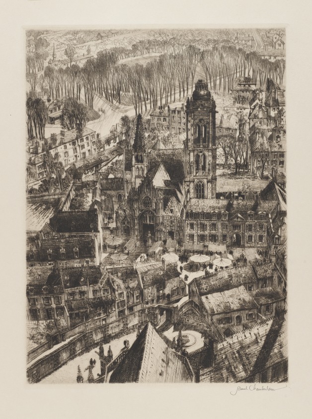 Samuel Chamberlain (American, 1895-1975). <em>Church and Market Place</em>, 1930. Drypoint, 9 x 6 1/2 in. (22.9 x 16.5 cm). Brooklyn Museum, Gift of Mrs. Harold J. Baily, 67.27.5. © artist or artist's estate (Photo: Brooklyn Museum, 67.27.5_PS4.jpg)