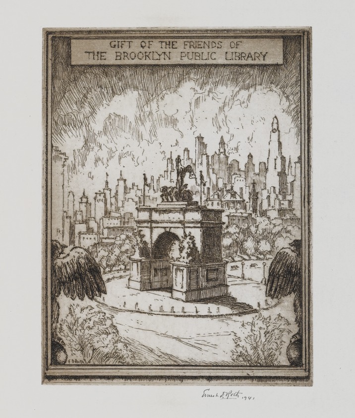 Ernest David Roth (American, 1879-1964). <em>Grand Army Plaza Arch 1941</em>, 1941. Etching on laid paper, image: 4 3/4 x 3 1/2 in. (12 x 8.9 cm). Brooklyn Museum, Gift of Mrs. Harold J. Baily, 67.27.8. © artist or artist's estate (Photo: Brooklyn Museum, 67.27.8_PS1.jpg)