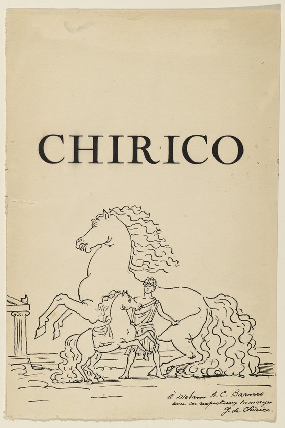 Giorgio de Chirico (Italian, 1888-1978). <em>Untitled (Two Wild Horses with Classical Figure)</em>, 1926. Black ink and graphite on beige, slightly textured, moderately thick wove paper, 9 1/2 x 5 1/4 in. (24.1 x 13.3 cm). Brooklyn Museum, Bequest of Laura L. Barnes, 67.29.4. © artist or artist's estate (Photo: Brooklyn Museum, 67.29.4_PS6.jpg)