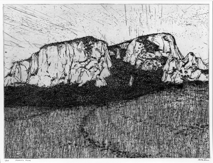 Robert Hill (American, born 1942). <em>Hermit's Peak</em>, 1967. Intaglio on wove paper, 18 x 23 3/4 in. (45.7 x 60.3 cm). Brooklyn Museum, Bristol-Myers Fund, 68.109. © artist or artist's estate (Photo: Brooklyn Museum, 68.109_acetate_bw.jpg)