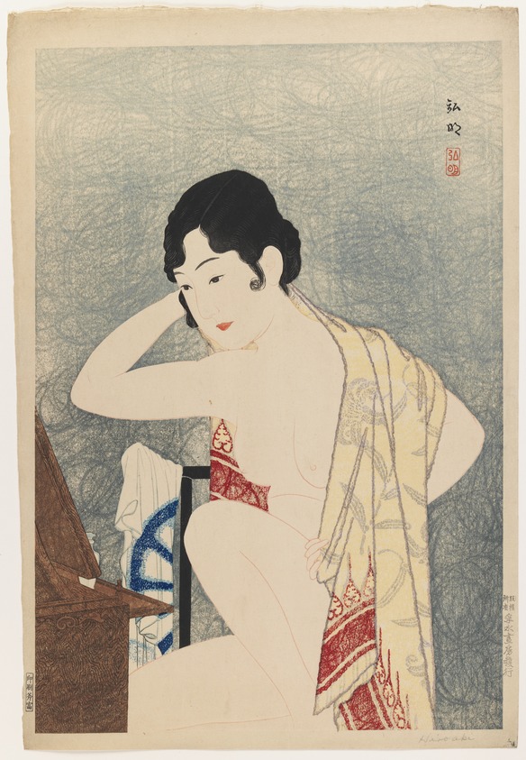 Takahashi Hiroaki (Japanese, 1871–1945). <em>Make-up Before the Mirror</em>, 1927. Woodblock color print, 15 1/2 x 10 1/2 in. (39.4 x 26.7 cm). Brooklyn Museum, Carll H. de Silver Fund, 68.35.11 (Photo: Brooklyn Museum, 68.35.11_IMLS_PS3.jpg)