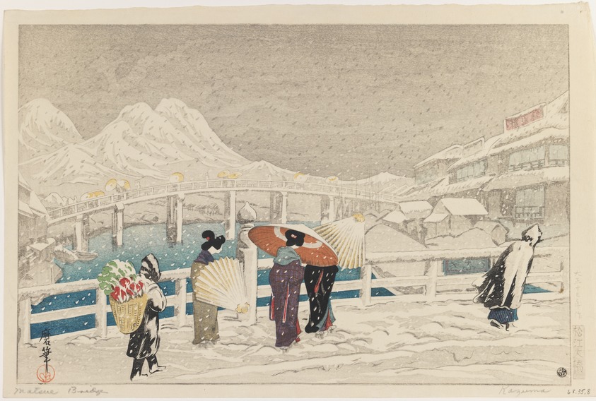 Oda Kazuma (Japanese, 1881–1956). <em>Matsue Bridge</em>, 1924. Woodblock color print, 9 1/2 x 14 1/4 in. (24.1 x 36.2 cm). Brooklyn Museum, Carll H. de Silver Fund, 68.35.8. © artist or artist's estate (Photo: Brooklyn Museum, 68.35.8_IMLS_PS3.jpg)