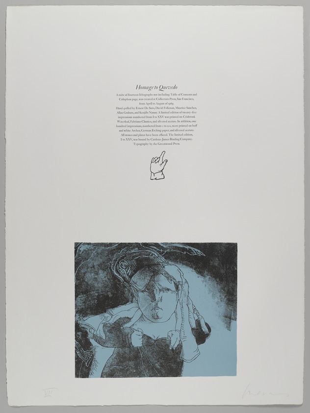 Jose Luis Cuevas (Mexican, 1934–2017). <em>Colophon Page</em>, 1969. Lithograph with text, Sheet: 30 1/8 x 22 3/8 in. (76.5 x 56.8 cm). Brooklyn Museum, A. Augustus Healy Fund and Bristol-Myers Fund, 69.89.16. © artist or artist's estate (Photo: Brooklyn Museum, 69.89.16_PS4.jpg)