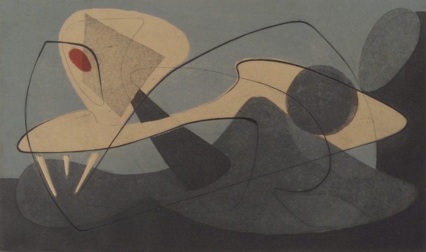 Tom Lias (American, 1903-1960). <em>Two Forms in Space</em>, 1946. Lithograph and intaglio on light board, image: 14 3/8 x 10 3/16 in. (36.5 x 25.8 cm). Brooklyn Museum, Gift of The Museum of Modern Art, 70.113.1. © artist or artist's estate (Photo: Brooklyn Museum, 70.113.1.jpg)