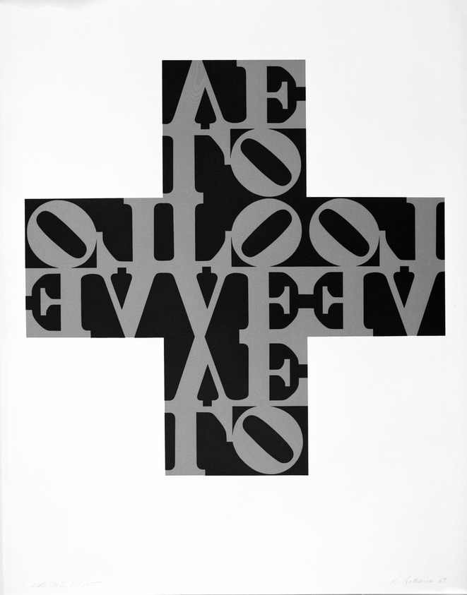 Robert Indiana (American, 1928-2018). <em>Love Cross</em>, 1968. Silk screen, 28 1/2 x 22 1/2 in. (72.4 x 57.2 cm). Brooklyn Museum, Carll H. de Silver Fund, 70.37.3. © artist or artist's estate (Photo: Brooklyn Museum, 70.37.3_bw.jpg)