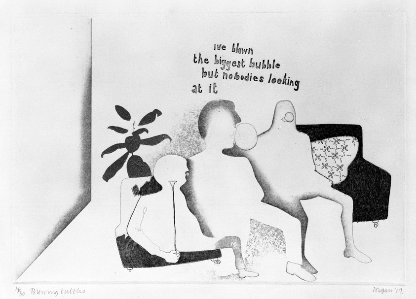 Anthony Deigan (British, born 1945). <em>Blowing Bubbles, 1969</em>, 1969. Etching, 9 1/4 x 13 1/4 in. (23.5 x 33.7 cm). Brooklyn Museum, Bristol-Myers Fund, 71.133.2. © artist or artist's estate (Photo: Brooklyn Museum, 71.133.2_bw.jpg)