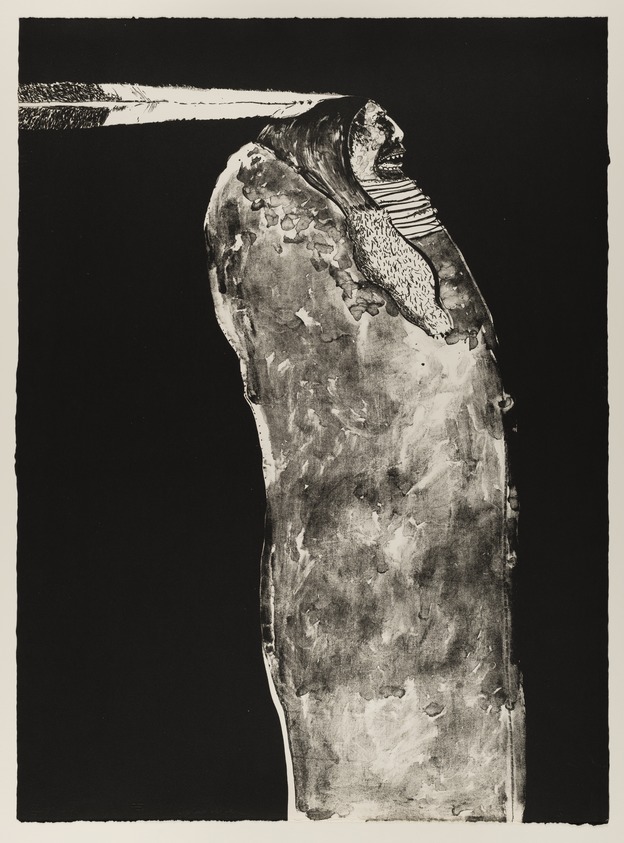 Fritz Scholder (American and Luiseño, 1937-2005). <em>Indian with Feather</em>, 1970-1971. Lithograph on paper, 30 1/4 x 22 in. (76.8 x 55.9 cm). Brooklyn Museum, Bristol-Myers Fund, 71.134.2. © artist or artist's estate (Photo: Brooklyn Museum, 71.134.2_PS20.jpg)