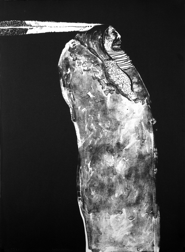 Fritz Scholder (American and Luiseño, 1937-2005). <em>Indian with Feather</em>, 1970-1971. Lithograph on paper, 30 1/4 x 22 in. (76.8 x 55.9 cm). Brooklyn Museum, Bristol-Myers Fund, 71.134.2. © artist or artist's estate (Photo: Brooklyn Museum, 71.134.2_bw.jpg)