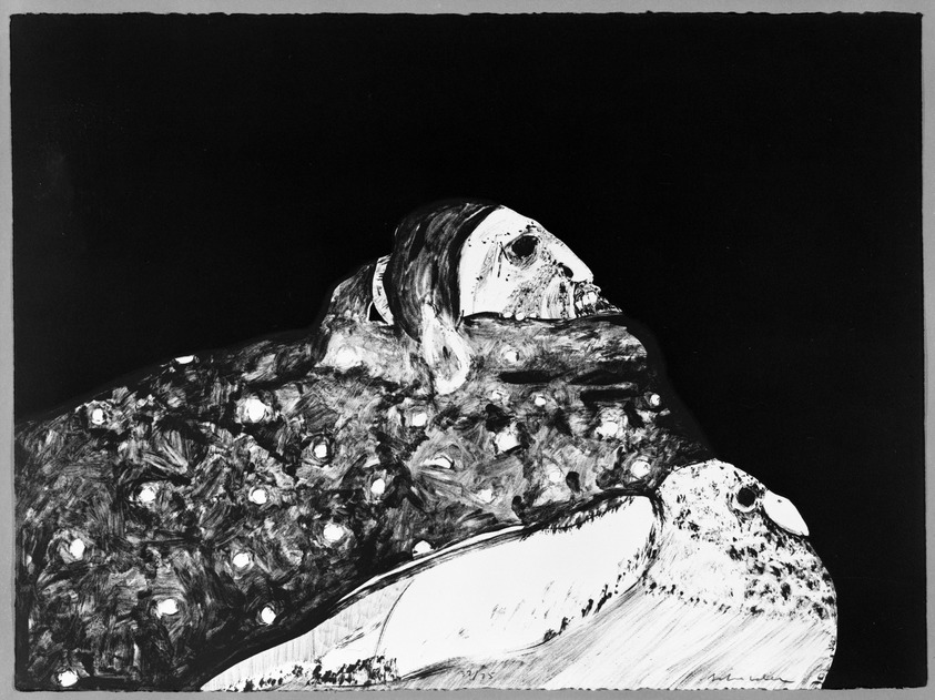 Fritz Scholder (American and Luiseño, 1937–2005). <em>Indian with Pigeon</em>, 1970–1971. Lithograph on paper, 22 1/2 x 30 1/8 in. (57.2 x 76.5 cm). Brooklyn Museum, Bristol-Myers Fund, 71.134.5. © artist or artist's estate (Photo: Brooklyn Museum, 71.134.5_bw.jpg)