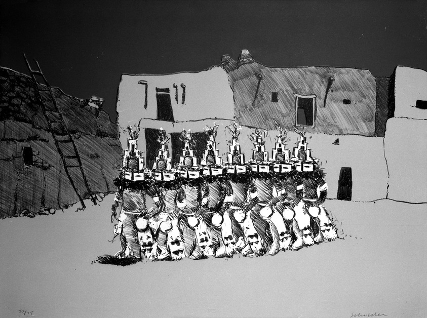Fritz Scholder (American and Luiseño, 1937-2005). <em>Kachina Dancers</em>, 1970-1971. Lithograph on paper, 22 x 30 in. (55.9 x 76.2 cm). Brooklyn Museum, Bristol-Myers Fund, 71.134.7. © artist or artist's estate (Photo: Brooklyn Museum, 71.134.7_bw.jpg)