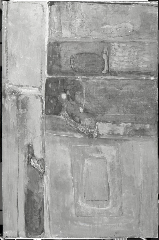 Pierre Lesieur. <em>L'Etagere Bleue</em>, 1970. Oil on canvas, 58 x 38 1/2 in. (147.3 x 97.8 cm). Brooklyn Museum, Gift of Mrs. Richard Shields, 71.3. © artist or artist's estate (Photo: Brooklyn Museum, 71.3_bw.jpg)