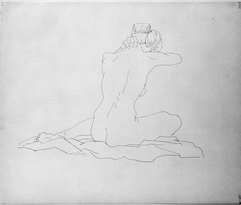Raphael Ellender (American, 1906-1972). <em>La Toilette: "Seated Nude,"</em> n.d. Pen and ink on paper, sheet: 14 x 16 11/16 in. (35.6 x 42.4 cm). Brooklyn Museum, Gift of Aline Olswang, 71.58. © artist or artist's estate (Photo: Brooklyn Museum, 71.58_bw.jpg)