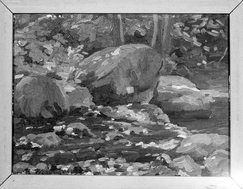 Nicolas S. Macsoud (American, 1884-1972). <em>Swiftwater Stream No.2</em>. Oil on canvas board, 12 1/4 x 15 1/2 in. (31.1 x 39.4 cm). Brooklyn Museum, Bequest of Nicolas S. Macsoud, 72.164. © artist or artist's estate (Photo: Brooklyn Museum, 72.164_framed_bw.jpg)
