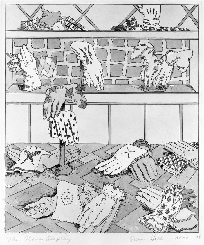 Susan Hall (American, born 1943). <em>The Glove Display</em>, 1973. Etching with watercolor, Sheet: 19 x 17 in. (48.3 x 43.2 cm). Brooklyn Museum, Designated Purchase Fund, 74.131.1. © artist or artist's estate (Photo: Brooklyn Museum, 74.131.1_bw.jpg)