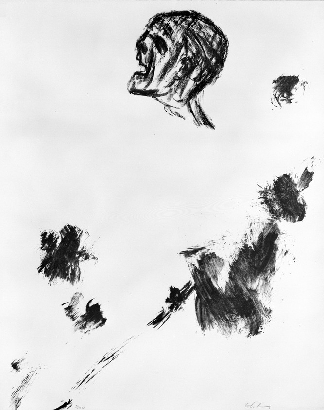 Leon Golub (American, 1922-2004). <em>Untitled</em>, 1967. Lithograph in red, 25 3/4 x 21 in. (65.4 x 53.3 cm). Brooklyn Museum, Gift of Mr. and Mrs. Samuel Dorsky, 74.178.20. © artist or artist's estate (Photo: Brooklyn Museum, 74.178.20_bw.jpg)
