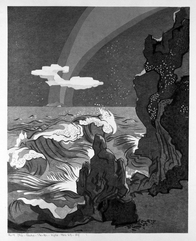 Stanton Macdonald-Wright (American, 1890-1973). <em>Wild Sea and the Milky Way Athwart the Island of Sado</em>, 1966-1967. Woodcut, Sheet: 21 7/16 x 17 15/16 in. (54.5 x 45.6 cm). Brooklyn Museum, Anonymous gift, 74.181.4. © artist or artist's estate (Photo: Brooklyn Museum, 74.181.4_bw.jpg)