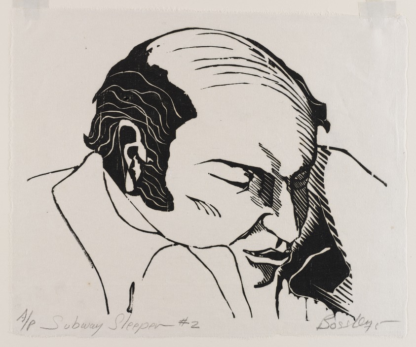 James A. Bossley (American, born 1943). <em>Subway Sleeper No. 2</em>, 1975. Woodcut on paper, Image: 9 x 11 1/8 in. (22.9 x 28.3 cm). Brooklyn Museum, Gift of the artist, 75.138.2. © artist or artist's estate (Photo: Brooklyn Museum, 75.138.2_PS4.jpg)
