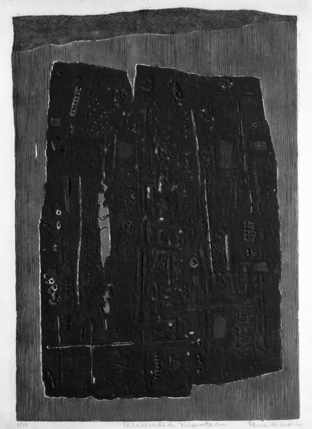 Michael Ponce de Leon (American, 1922-2006). <em>Wounded Mountain</em>. Embossed intaglio on white wove paper, lower and left edges deckled, Image: 24 1/8 x 16 3/4 in. (61.3 x 42.5 cm). Brooklyn Museum, Anonymous gift, 75.144.2. © artist or artist's estate (Photo: Brooklyn Museum, 75.144.2_bw.jpg)
