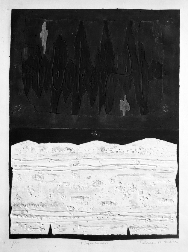 Michael Ponce de Leon (American, 1922-2006). <em>Terminus</em>, 20th century. Embossed intaglio in color on white wove paper, Plate: 22 1/2 x 16 5/8 in. (57.2 x 42.2 cm). Brooklyn Museum, Anonymous gift, 75.144.5. © artist or artist's estate (Photo: Brooklyn Museum, 75.144.5_bw.jpg)