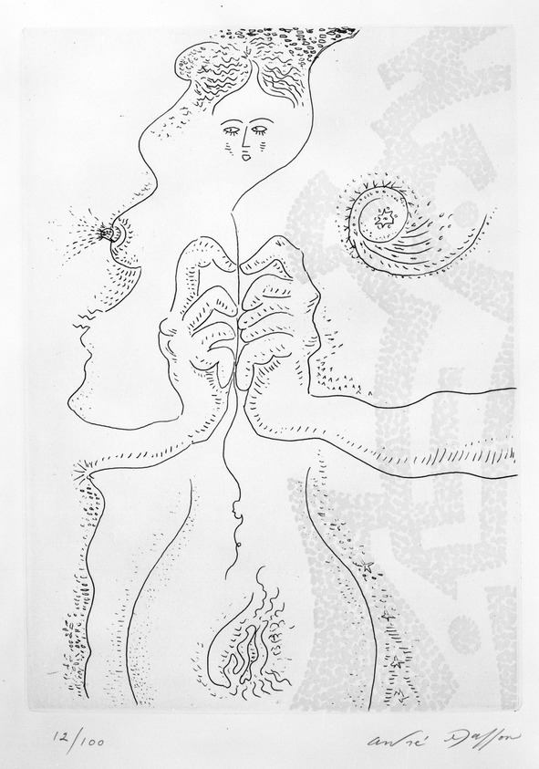 André Masson (French, 1896-1987). <em>Le Fil d'Adriane</em>, ca. 1973. Etching and aquatint on paper, sheet: 17 3/4 x 13 3/8 in. (45.1 x 34 cm). Brooklyn Museum, Designated Purchase Fund, 75.16.3. © artist or artist's estate (Photo: Brooklyn Museum, 75.16.3_bw.jpg)