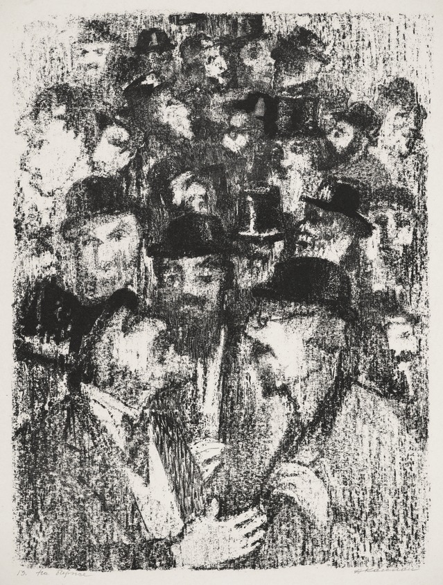Anatoli Kaplan (Russian, 1902–1980). <em>At the Stock Exchange</em>, 1957–1961. Lithograph on white wove paper, Sheet: 24 1/2 x 18 1/2 in. (62.2 x 47 cm). Brooklyn Museum, Gift of Arnold Ginsberg, 75.210.13. © artist or artist's estate (Photo: Brooklyn Museum, 75.210.13_PS2.jpg)