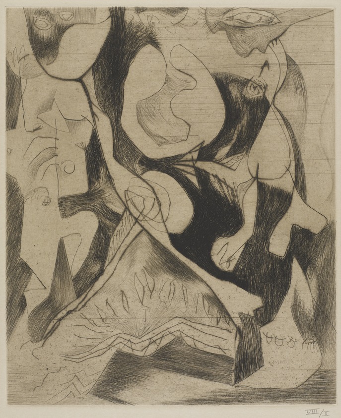 Jackson Pollock (American, 1912-1956). <em>Untitled (No. 1 Series of 7)</em>, 1944-1945. Engraving on paper, sheet: 21 7/16 x 14 in. (54.5 x 35.6 cm). Brooklyn Museum, Gift of Lee Krasner Pollock, 75.213.1. © artist or artist's estate (Photo: Brooklyn Museum, 75.213.1_PS9.jpg)