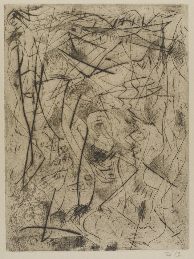 Jackson Pollock (American, 1912-1956). <em>Untitled (No. 4 Series of 7)</em>, 1944-1945. Engraving on paper, sheet: 21 1/2 x 14 7/16 in. (54.6 x 36.7 cm). Brooklyn Museum, Gift of Lee Krasner Pollock, 75.213.4. © artist or artist's estate (Photo: Brooklyn Museum, 75.213.4_PS9.jpg)
