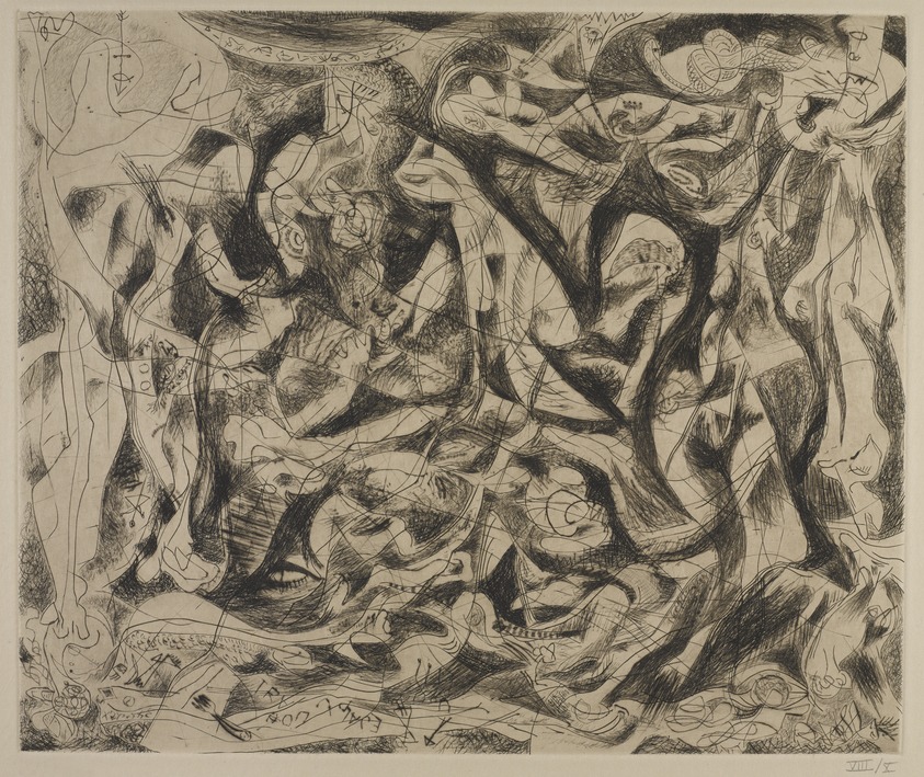 Jackson Pollock (American, 1912–1956). <em>Untitled (No. 6 Series of 7)</em>, 1944–1945. Engraving on wove paper, sheet: 21 1/2 × 28 13/16 in. (54.6 × 73.2 cm). Brooklyn Museum, Gift of Lee Krasner Pollock, 75.213.6. © artist or artist's estate (Photo: Brooklyn Museum, 75.213.6_PS9_edited.jpg)