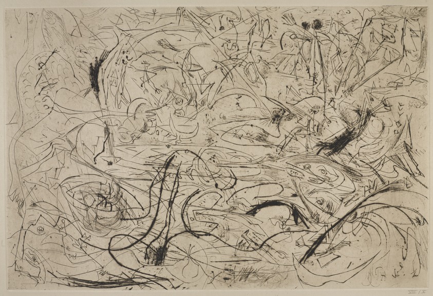 Jackson Pollock (American, 1912-1956). <em>Untitled (No. 7 Series of 7)</em>, 1944-1945. Engraving on paper, sheet: 21 1/4 x 28 5/8 in. (54 x 72.7 cm). Brooklyn Museum, Gift of Lee Krasner Pollock, 75.213.7. © artist or artist's estate (Photo: Brooklyn Museum, 75.213.7_PS9.jpg)