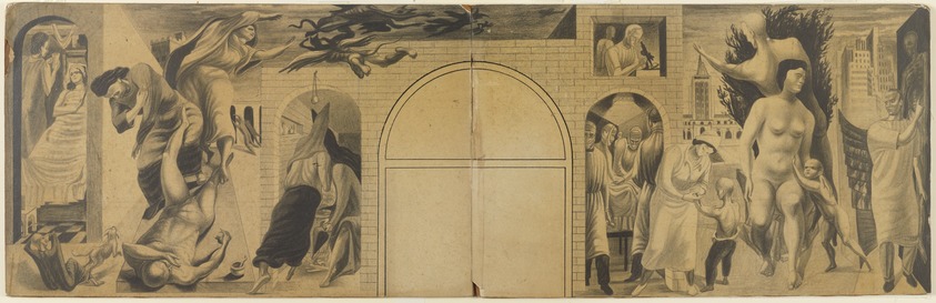 Philip Guston (American, born Canada, 1913-1980). <em>Study for Mural Project for Kings County Hospital, Brooklyn</em>, ca. 1936-1937. Graphite and ink on paper, varnished and mounted to two boards, sheet: 9 11/16 x 31 1/8 in. (24.6 x 79.1 cm). Brooklyn Museum, Anonymous gift, 75.70.1. © artist or artist's estate (Photo: Brooklyn Museum, 75.70.1_PS9.jpg)